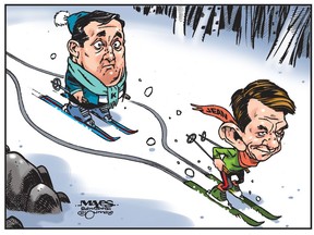 Brian Jean outmaneuvers Jason Kenney on political slope. (Cartoon by Malcolm Mayes)