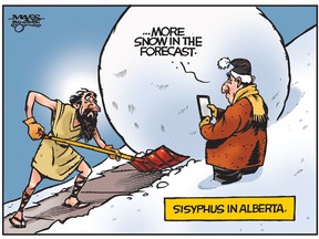 Sisyphus shovels endless sidewalks in Alberta. (Cartoon by Malcolm Mayes)