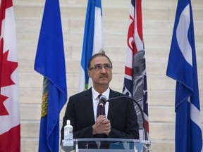 Mayor Amarjeet Sohi announces the creation of a permanent COVID-19 memorial and future plans to recognize the experiences and loss that these past two years have brought us, at City Hall on March 26, 2022.