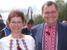 Former Alberta Premier Ed Stelmach and his wife Marie in Ukrainian national dress at the Ukrainian village.