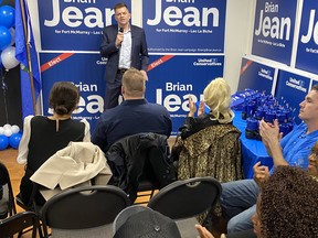 Brian Jean speaks to supporters at his campaign office in Fort McMurray as early unofficial results roll in from the Fort McMurray-Lac La Biche byelection on Tuesday, March 15, 2022.