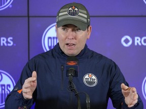 Edmonton Oilers head coach Jay Woodcroft comments after team practice in Edmonton on Tuesday March 8, 2022, where they were preparing to play the Washington Capitals on Wednesday March 9, 2022.