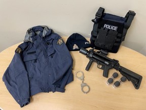 Grande Prairie RCMP are searching for a man believed to have stolen an RCMP patrol jacket, an RCMP toque, handcuffs, hard body armour, and a 40-mm extended range impact weapon.