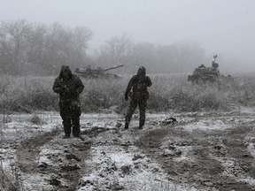 Ukrainian artillerymen keep position in the Luhansk region on March 2, 2022.