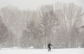 Un esquiador de fondo solitario recorre el Victoria Park de Edmonton el domingo 20 de marzo de 2022.