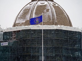 Renovations continue on the dome of the Alberta Legislature building in Edmonton on Thursday February 24, 2022, where the Alberta government's provincial budget was tabled.