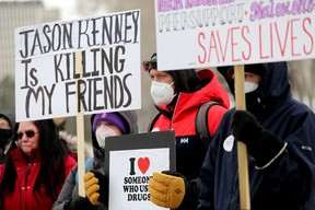 Albertans For Ethical Drug Policy gathered outside the Alberta Legislature in Edmonton to bring attention to Alberta’s toxic drug supply and lack of access to life-saving health services, on Wednesday Feb. 23, 2022.