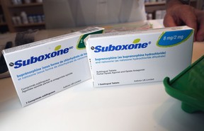 Eight milligram and and 2 milligram Suboxone pills await dispensing in the pharmacy in Standoff, Alberta on Tuesday February 28, 2017.