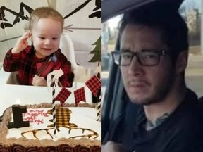 Damien Starrett, right, was convicted June 29 of manslaughter and assault for a 2019 attack on his children, which fatally wounded his one-year-old son Ares, left.