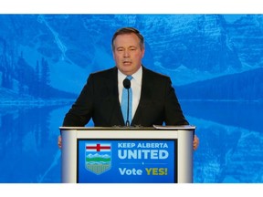 Red Deer — Premier Jason Kenney speaks to United Conservative Party members at the party's special general meeting in Red Deer on Saturday, April 9, 2022.