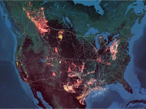 Colton Hash's Eye of the Anthropocene, a layered map of energy industry and wildfire activity in North America.