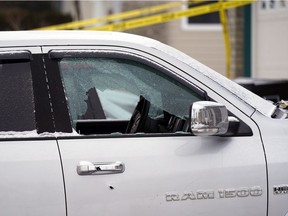 Abdullah Shah's truck after he was shot and killed outside his home on March 13, 2022.