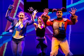 (Left to right) Annika Schultz, as Agnes, Christina Kim, as Kaliope, and Karam Warraich, as Orcus, perform during Lillian Osborne High School's production of She Kills Monsters for Alberta Youth Theater Collective in the Maclab Theater in Edmonton, on Sunday, April 10, 2022.
