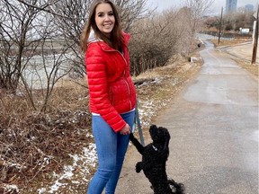 Maia Stock, 24, and her 12-pound mini poodle Brady.