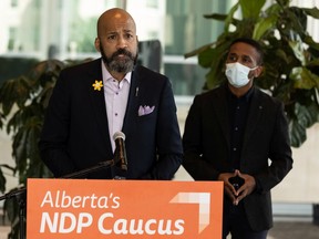 NDP MLA David Shepherd, left, and Eyasu Yakob, a research assistant in the University of Alberta's Faculty of Nursing, respond to the UCP's decision to kill Shepherd's Anti-Racism Act, Friday, April 22, 2022.