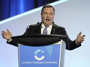 Alberta Premier Jason Kenney speaks at the Canadian Hydrogen Convention held in Edmonton on Tuesday April 26, 2022, where he announced that the province of Alberta will invest $50 million to launch the Clean Hydrogen Centre of Excellence to support made-in-Alberta energy solutions and to grow the province's emerging hydrogen sector.