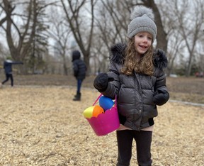 Alex Halloran, 6, was one of several children in Emily Murphy Park who were happy to participate in an inclusive Easter egg on April 16, 2022.
