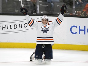 Edmonton Oilers centre Leon Draisaitl reacts after scoring his 50th goal of the season against the Anaheim Ducks in Anaheim, Calif., on Sunday, April 3, 2022. The Oilers won 6-1.