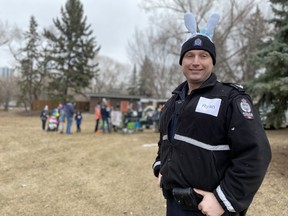 Edmonton Police Service (EPS) Const. Ryan Katchur pitched the idea of a “beeping” Easter egg hunt to the Edmonton Police Foundation and CNIB. The EPS bomb unit helped construct the audible eggs.