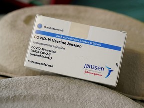 A box of Johnson & Johnson's COVID-19 vaccines is seen at the Forem vaccination centre in Pamplona, Spain, April 22, 2021.