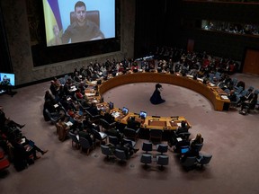 President Volodymyr Zelenskyy, of Ukraine, addresses a meeting of the United Nations Security Council in New York City on April 5, 2022