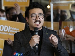 Edmonton - Griesbach MP Blake Desjarlais takes part in a press conference where Jodi Calahoo Stonehouse announced her candidacy for the NDP at the Edmonton - Rutherford riding stable on Sunday, April 24, 2022.
