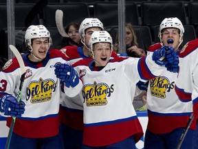 The Edmonton Oil Kings celebrate their second goal against the Brandon Wheat Kings during first period WHL action at Rogers Place, in Edmonton on Friday, Oct. 22, 2021.