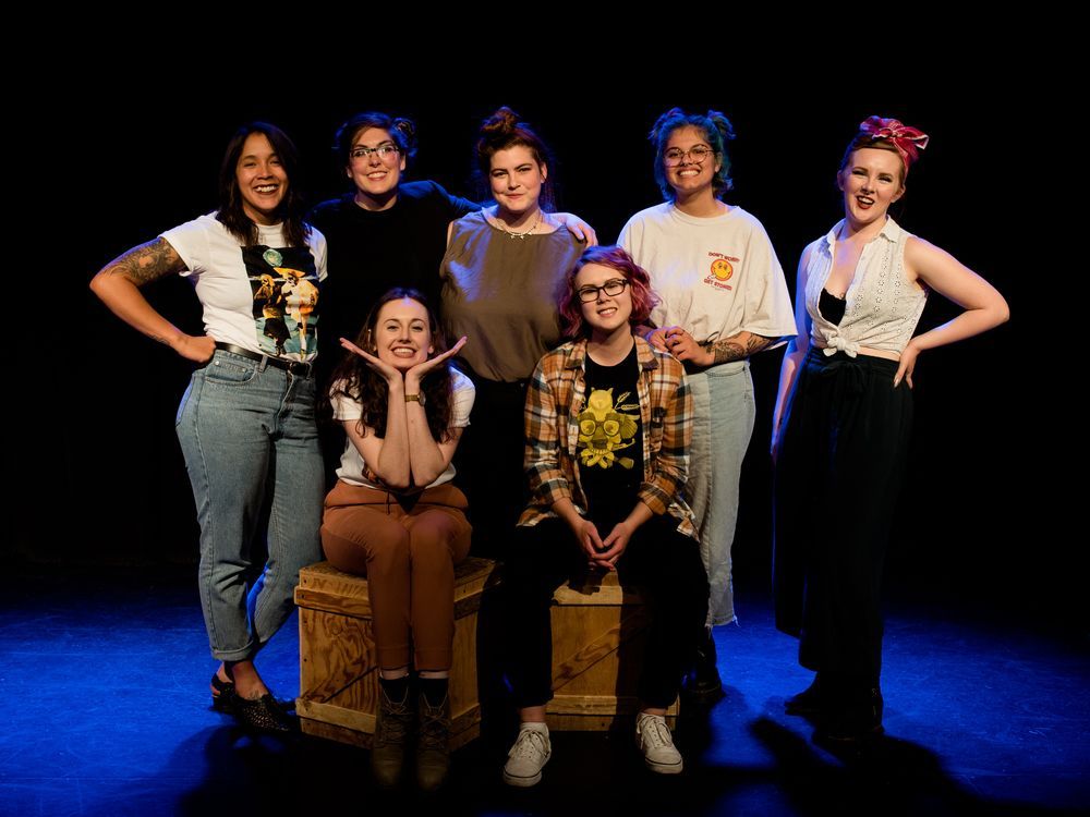 From left, Kelly Turner, executive director Nathalie Feehan, Susan Evans (seated), Marielle TerHart, Avery Buchner, Dill Prusko and Molly Mckinnon at Blue Halloo Comedy Cabaret's 2019 event at Grindstone Theatre. Buchner and Prusko will be performing again this year as That's My Wife!