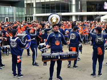 The Oilers Drum and Brass Crew performing for fans at tailgate party in the ICE district Plaza prior to the start of the Oilers game two against the LA Kings in Edmonton, May 4, 2022.