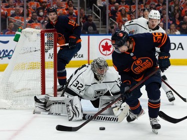 Edmonton Oilers' Kailer Yamamoto (56) stick handles in front of L.A. Kings' goaltender Jonathan Quick (32) during first period NHL action in Game 2 of their first round Stanley Cup playoff series in Edmonton, on Wednesday, May 4, 2022. Photo by Ian Kucerak