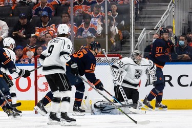 Edmonton Oilers' Leon Draisaitl (29) scores on L.A. Kings' goaltender Jonathan Quick (32) during second period NHL action in Game 2 of their first round Stanley Cup playoff series in Edmonton, on Wednesday, May 4, 2022.