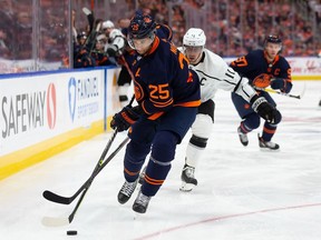 EDMONTON, AB - MAY 04: Darnell Nurse #25 of the Edmonton Oilers skates against Anze Kopitar #11 of the Los Angeles Kings during the first period in Game Two of the First Round of the 2022 Stanley Cup Playoffs at Rogers Place on May 4, 2022 in Edmonton, Canada.