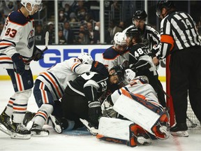 Mike Smith #41 of the Edmonton Oilers makes a save against the Los Angeles Kings in the second period of Game Four of the First Round of the 2022 Stanley Cup Playoffs at Crypto.com Arena on May 08, 2022 in Los Angeles, California.