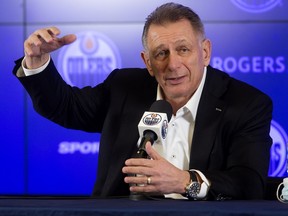 Edmonton Oilers general manager and president of hockey operations Ken Holland speaks to reporters in Edmonton on Feb. 10, 2022.