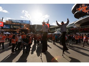 Oilers fans gather for the Tailgate Party outside of Rogers Place to watch Game 7 of the NHL Stanley Cup playoffs series between the Edmonton Oilers and the L.A. Kings in Edmonton, on Saturday, Nov. 14, 2022. Photo by Ian Kucerak