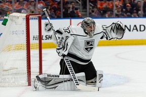 L.A. Kings' goaltender Jonathan Quick (32) makes a save on the Edmonton Oilers during first period NHL Stanley Cup playoffs action at Rogers Place in Edmonton, on Saturday, May 14, 2022.