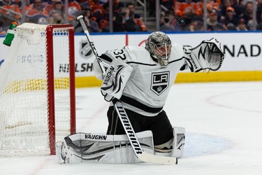 L.A. Kings' goaltender Jonathan Quick (32) makes a save on the Edmonton Oilers during first period NHL Stanley Cup playoffs action at Rogers Place in Edmonton, on Saturday, May 14, 2022.