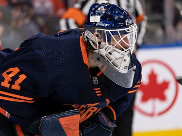 Edmonton Oilers' goaltender Mike Smith (41) plays the L.A. Kings during second period NHL Stanley Cup playoffs action at Rogers Place in Edmonton, on Saturday, May 14, 2022.