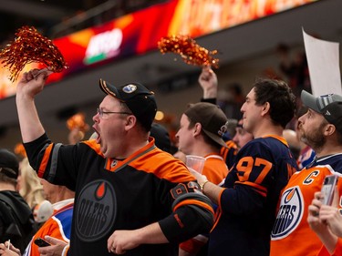 Edmonton Oilers fans cheer as the team plays the L.A. Kings during second period NHL Stanley Cup playoffs action at Rogers Place in Edmonton, on Saturday, May 14, 2022. Photo by Ian Kucerak