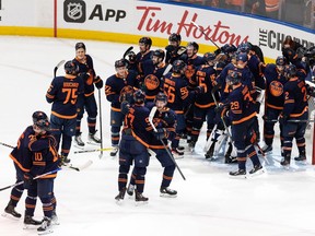 The Edmonton Oilers celebrate their 2-0 victory over the L.A. Kings during Game 7 of first round NHL Stanley Cup playoffs at Rogers Place in Edmonton, on Saturday, May 14, 2022.