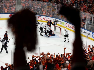 Fans cheer as the clock winds down as the Edmonton Oilers beat the L.A. Kings 2-0 at the end of the third period NHL Stanley Cup playoffs action at Rogers Place in Edmonton, on Saturday, May 14, 2022.