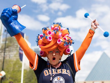 Diane Porteous wore her Oilers' best for an Edmonton Oilers fan rally held at Sir Winston Churchill Square cheer they cheer the Oilers' playoff journey with the rest of the city in Edmonton on Tuesday, May 24, 2022. The Oilers face the Calgary Flames in Game 4 of the Battle of Alberta series at Rogers Place tonight.