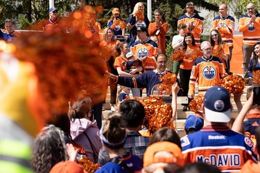 Mayor Amarjeet Sohi leads a cheer during an Edmonton Oilers fan rally held at Sir Winston Churchill Square to cheer the Oilers' playoff journey in Edmonton on Tuesday, May 24, 2022. The Oilers face the Calgary Flames in Game 4 of the Battle of Alberta series at Rogers Place tonight.