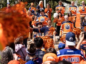 Mayor Amarjeet Sohi leads a cheer during an Edmonton Oilers fan rally held at Sir Winston Churchill Square to cheer the Oilers' playoff journey in Edmonton on Tuesday, May 24, 2022. The Oilers face the Calgary Flames in Game 4 of the Battle of Alberta series at Rogers Place tonight.