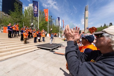 Fans cheer during an Edmonton Oilers fan rally held at Sir Winston Churchill Square to cheer the Oilers' playoff journey in Edmonton on Tuesday, May 24, 2022. The Oilers face the Calgary Flames in Game 4 of the Battle of Alberta series at Rogers Place tonight.