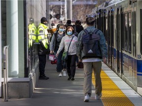 Passengers at the Health Sciences/Jubilee LRT station on Thursday, April 28, 2022, in Edmonton. Greg Southam-Postmedia