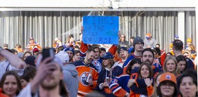 People take part in the celebrations as the Edmonton Oilers have clinched home ice advantage in the first round of the 2022 Stanley Cup Playoffs. Edmonton’s ICE District is the centre of the activities including the Oilers tailgate event on Monday, May 2, 2022 in Edmonton. Greg Southam-Postmedia