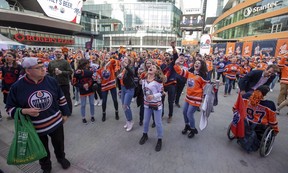 People take part in the celebrations as the Edmonton Oilers have clinched home ice advantage in the first round of the 2022 Stanley Cup Playoffs. Edmonton’s ICE District is the centre of the activities including the Oilers tailgate event on Monday, May 2, 2022 in Edmonton.