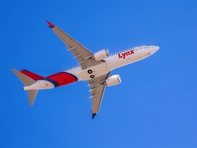 A Lynx Air Boeing 737 Max 8 takes off from Calgary to Vancouver on the company’s maiden flight on Thursday, April 7, 2022.
