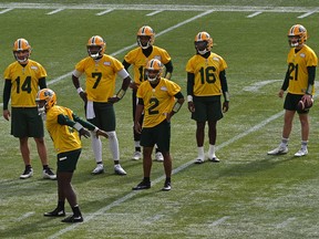 Seven quarterbacks suited up during the first day of Edmonton Elks rookie camp at Commonwealth Stadium in Edmonton on Wednesday, May 11, 2022.